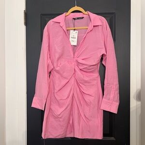 Zara Long Sleeve Pink Ruched Mini Dress